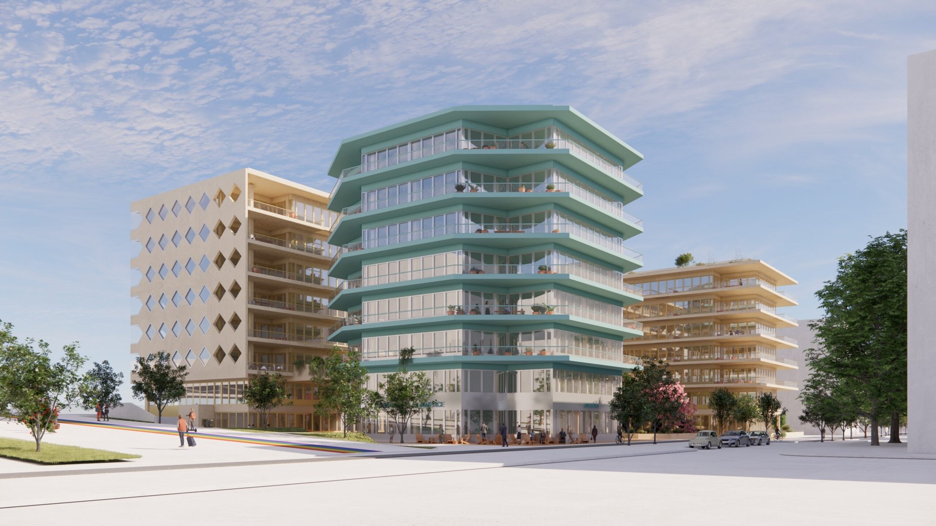 Perspective du projet Espace E2 dans le quartier Cambacérès à Montpellier, signé par l'architecte Manuelle Gautrand
