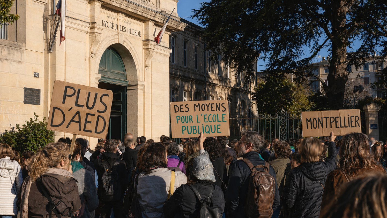 Mobilisation des enseignants du lycée Jules Guesde de Montpellier pour plus d'AED et de moyens dans l'école publique