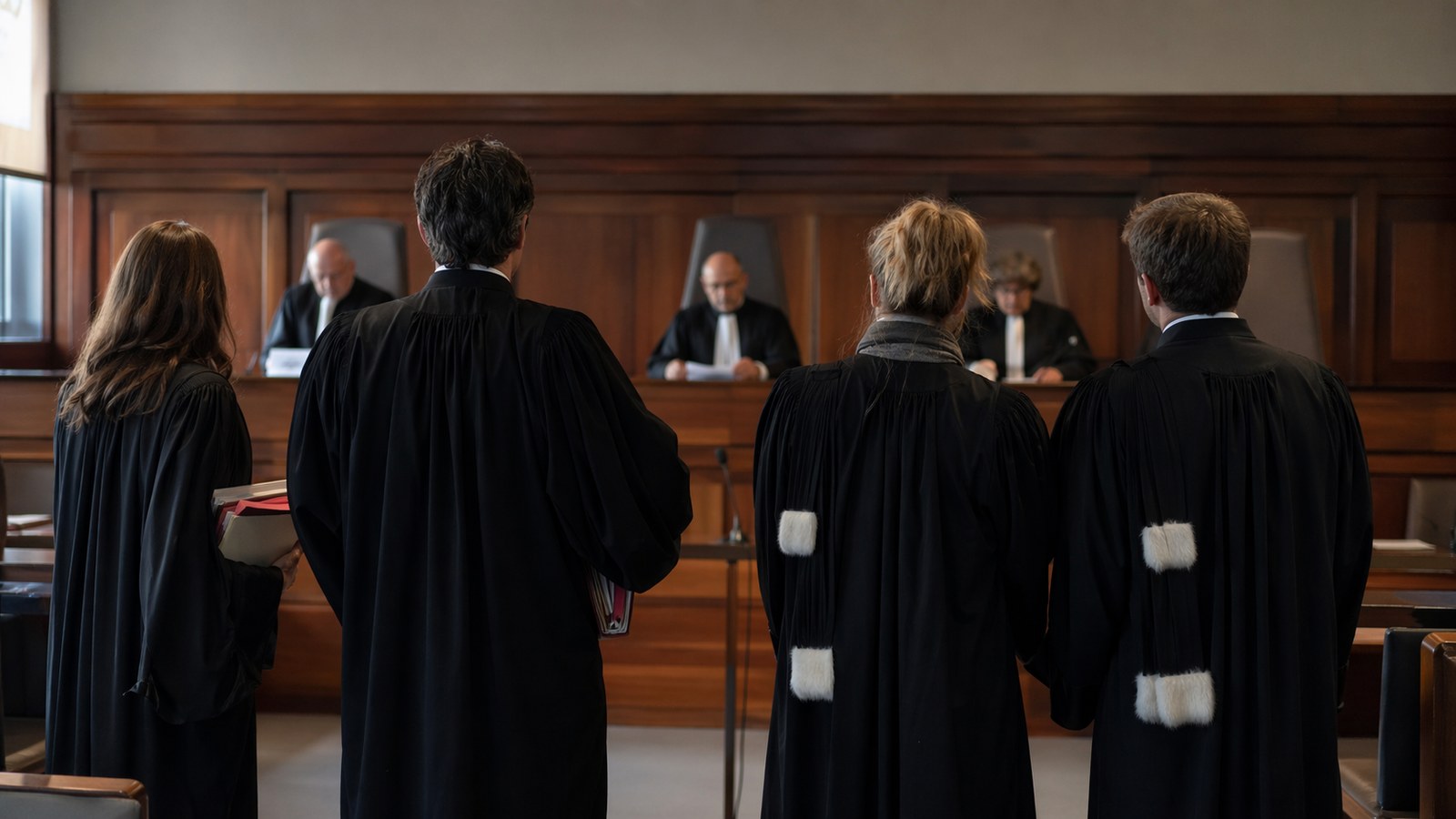 Quatre avocats en robe noire face à la cour lors d'une audience au tribunal correctionnel de Montpellier, symbolisant la grève du zèle contre la loi SURE