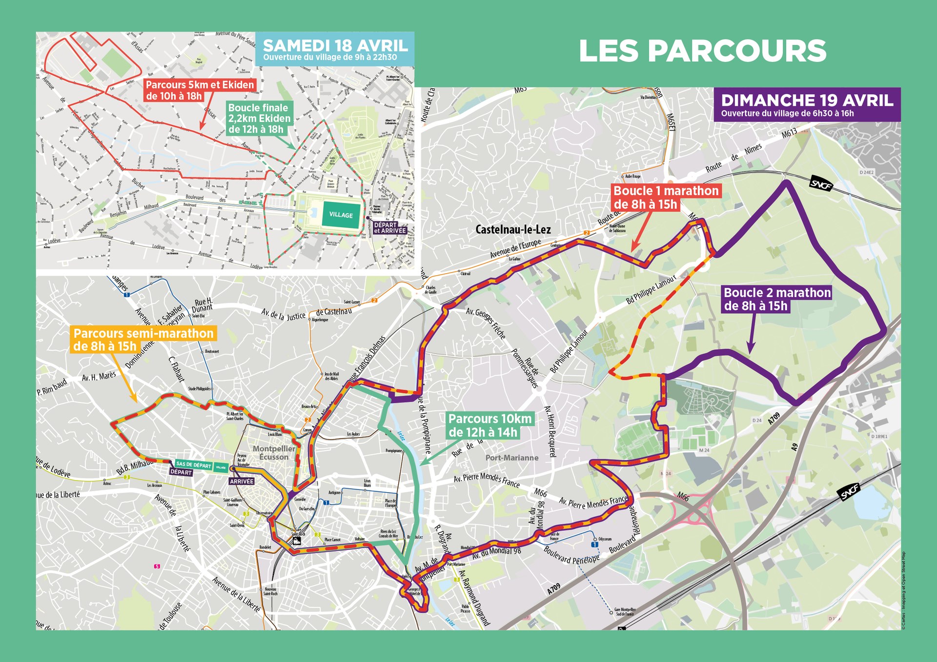 Plan officiel du parcours du Montpellier Run Festival 2026 avec les rues fermées et les axes de course