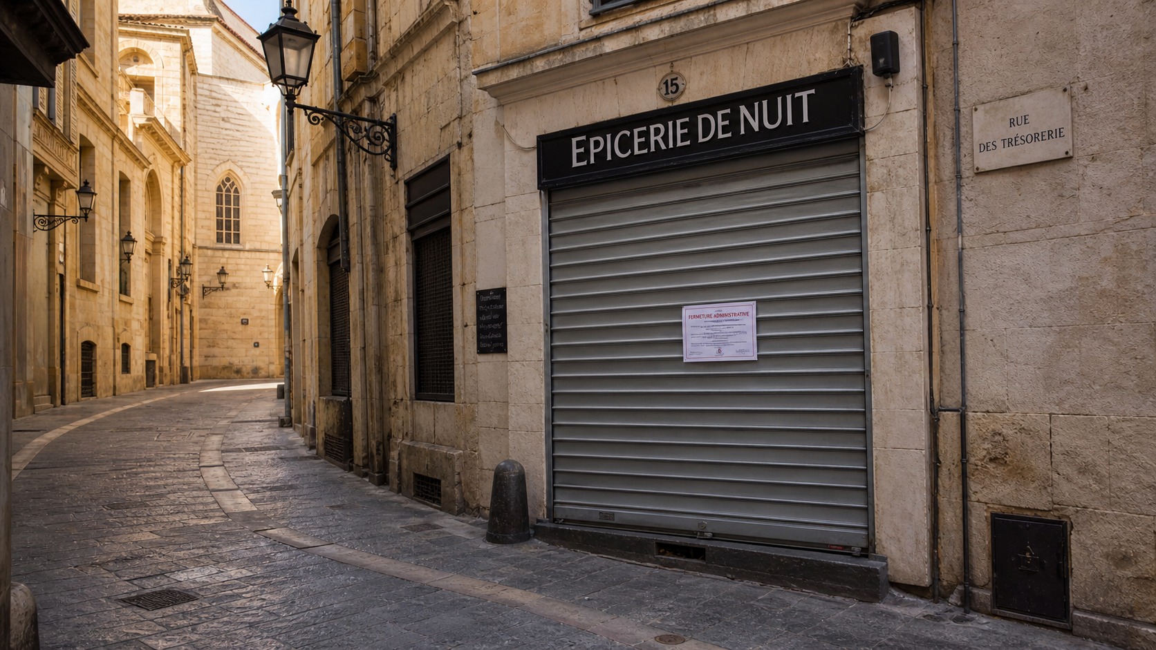 Devanture d'épicerie de nuit fermée dans le centre historique de Montpellier, rideau métallique baissé
