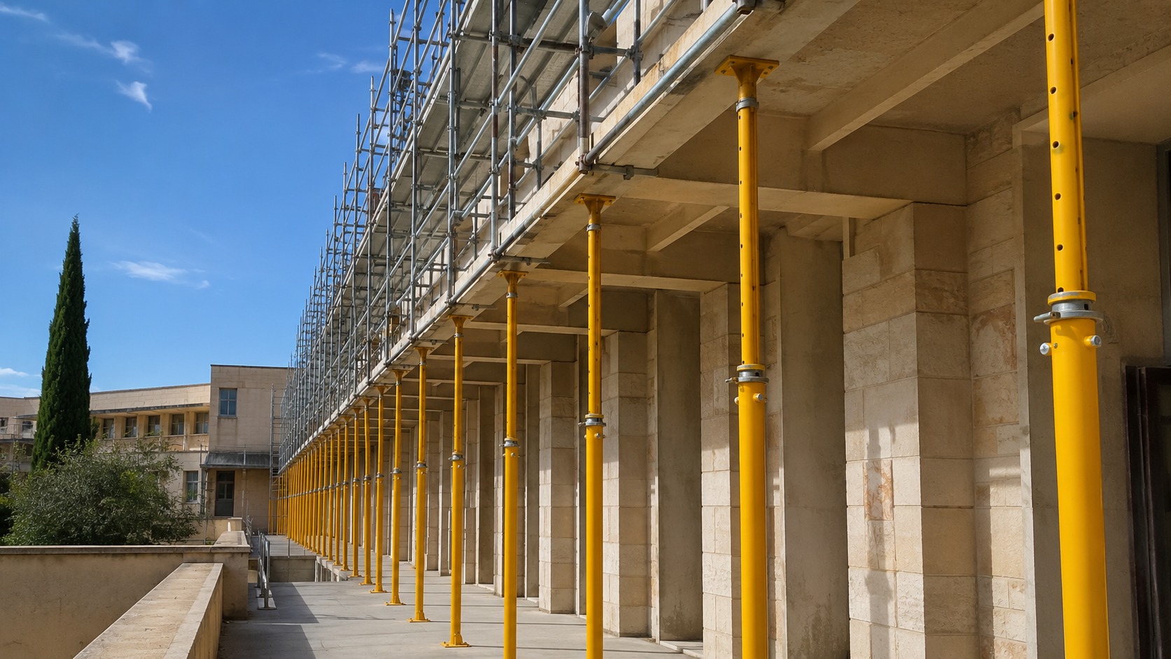 Étais métalliques jaunes installés sur la coursive de l'espace Pitot à Montpellier