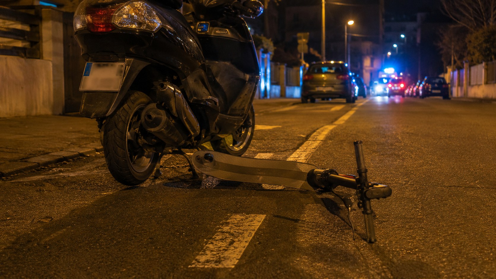 Trottinette électrique renversée après une collision avec un scooter dans une rue de Montpellier