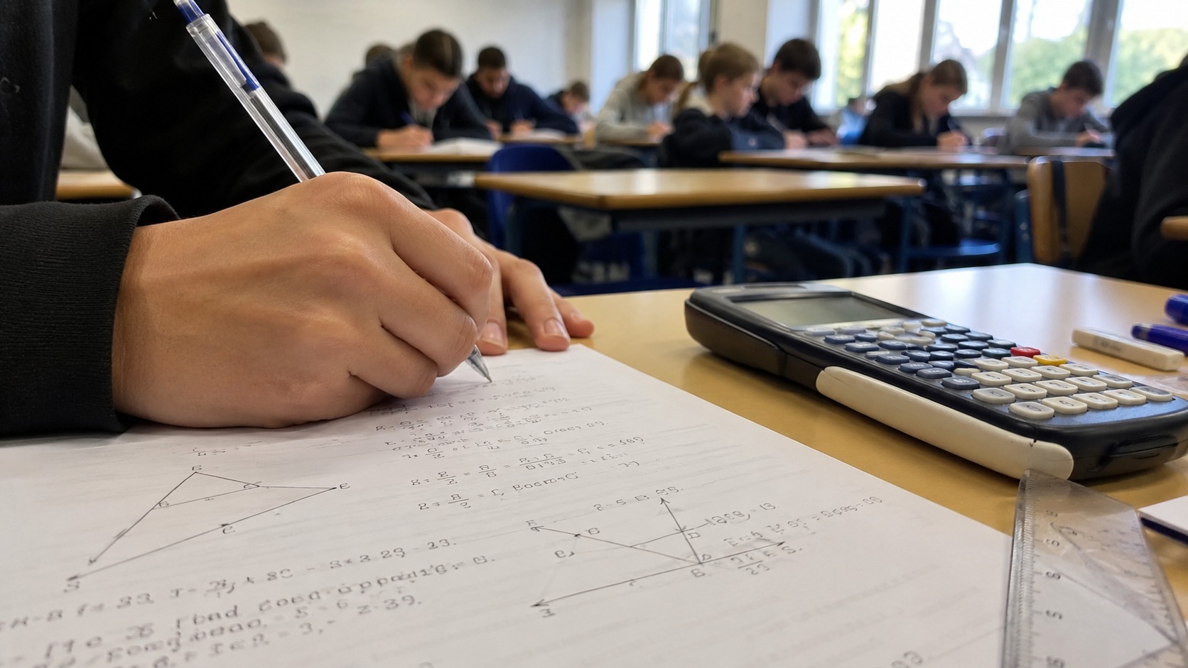 Lycéen écrivant des équations pendant l'épreuve de maths du bac, calculatrice posée de côté