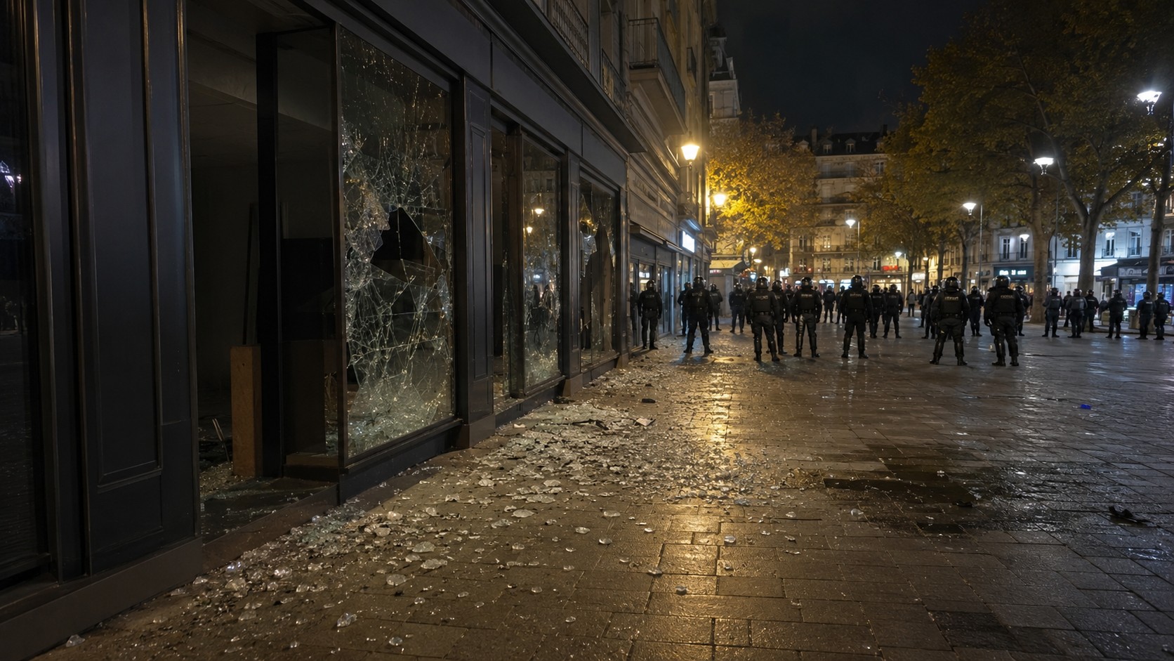 Place de la Comédie de nuit, forces de l'ordre après incidents PSG