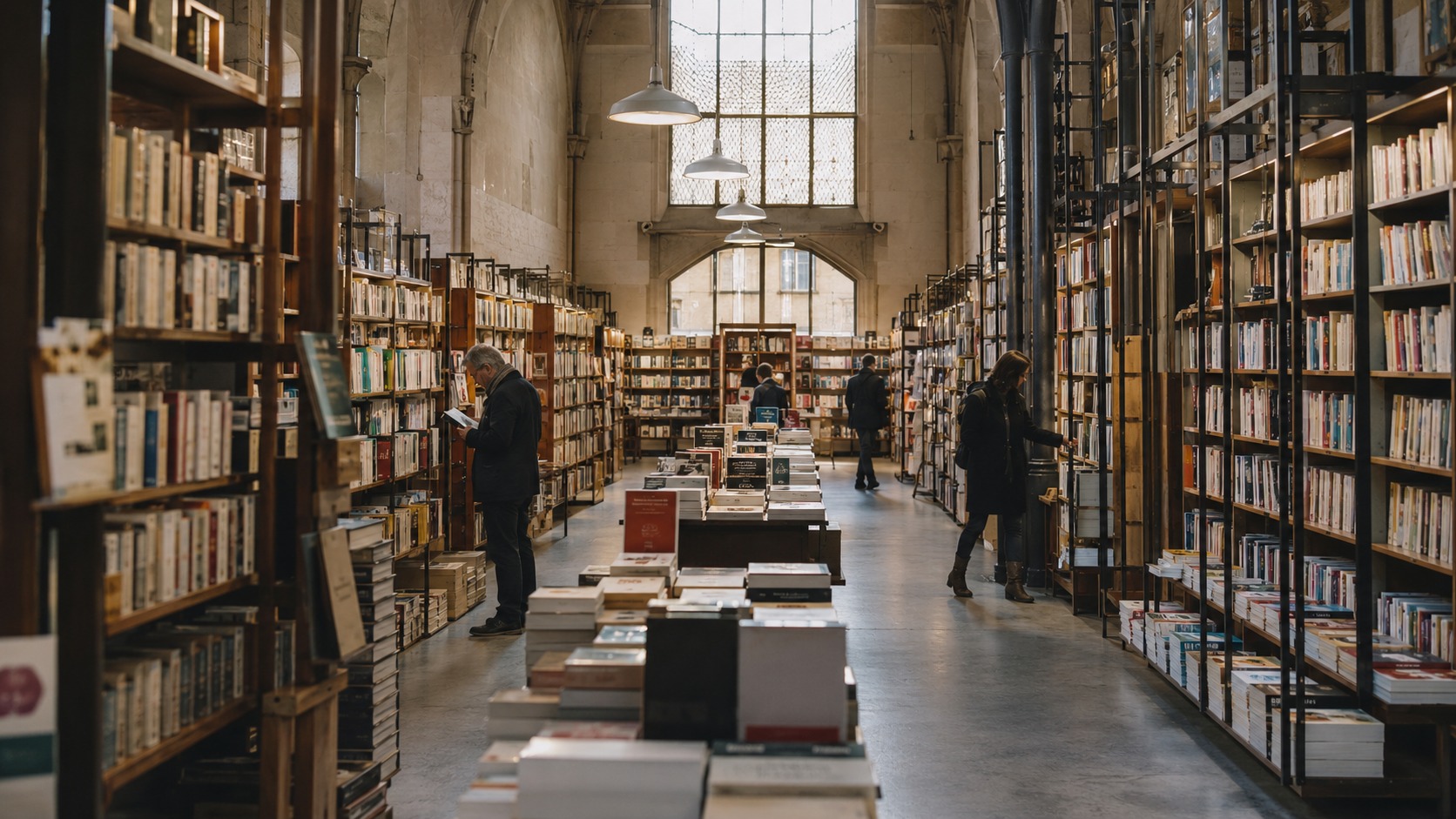 Grande librairie indépendante française — intérieur avec étagères remplies de livres et lumière naturelle