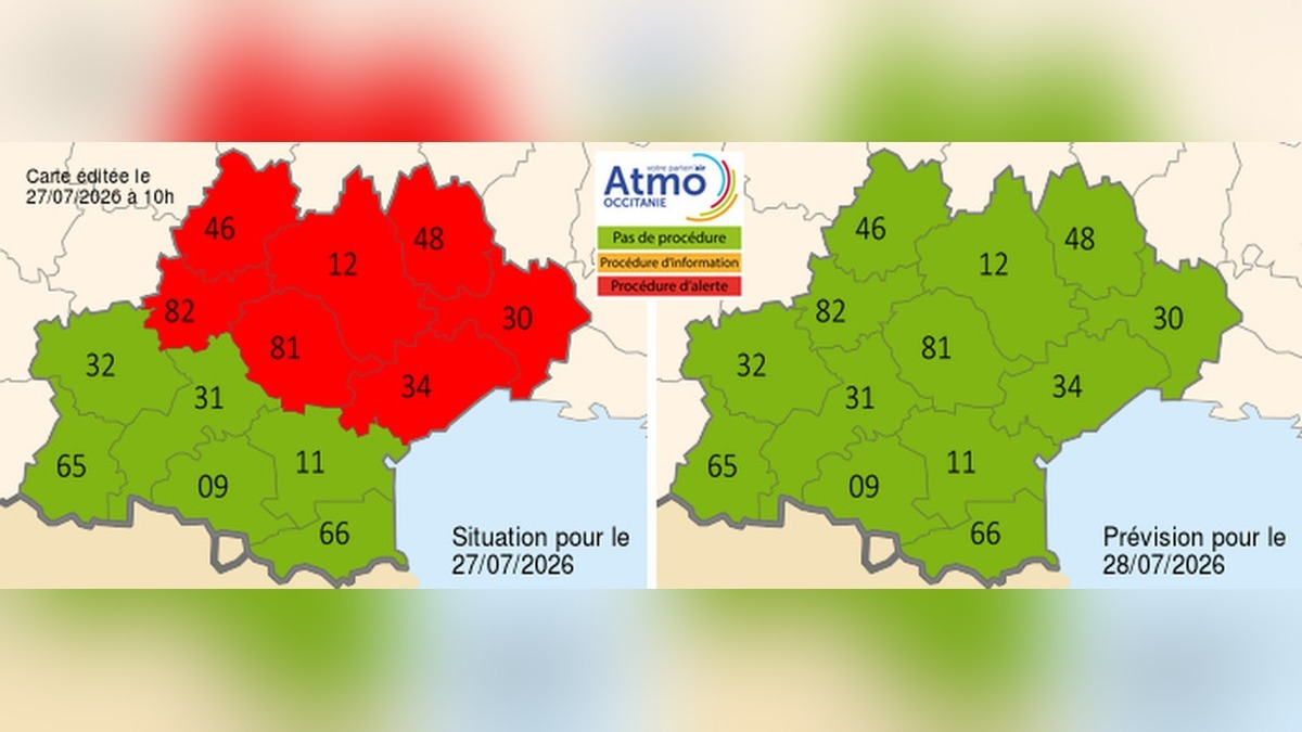 Carte Atmo Occitanie du 27 juillet 2026 : sept départements dont l'Hérault en procédure d'alerte pollution