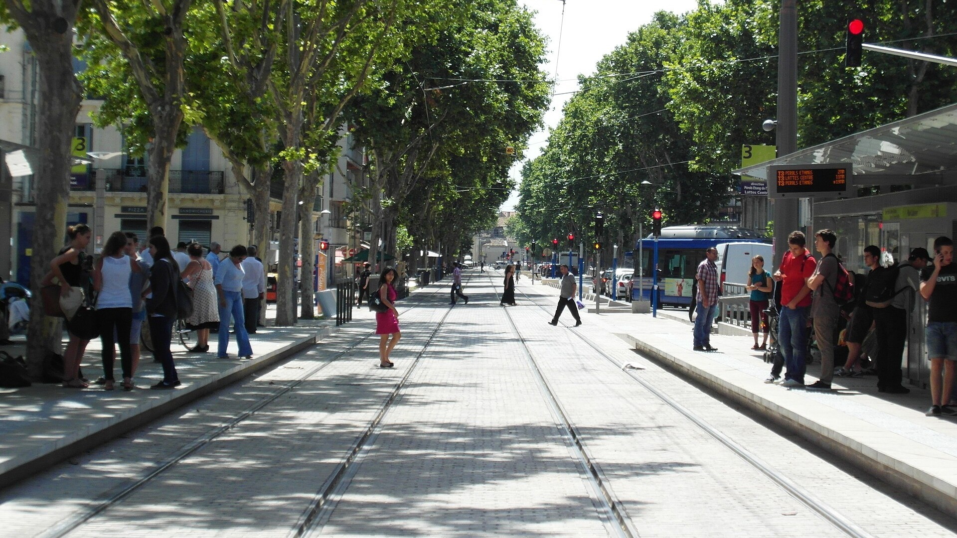 Usagers attendant le tramway ligne 3 à un arrêt de Montpellier