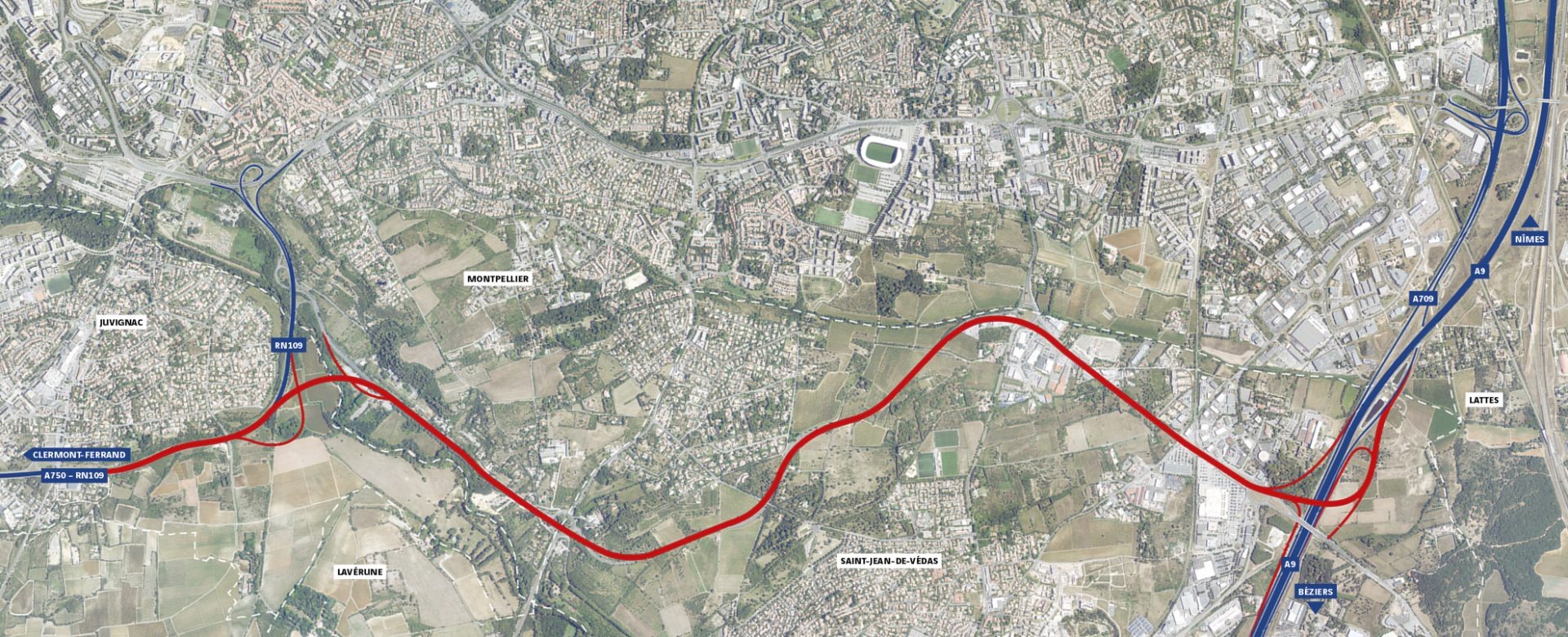 Carte du tracé du contournement ouest de Montpellier entre l'A750 et l'A709
