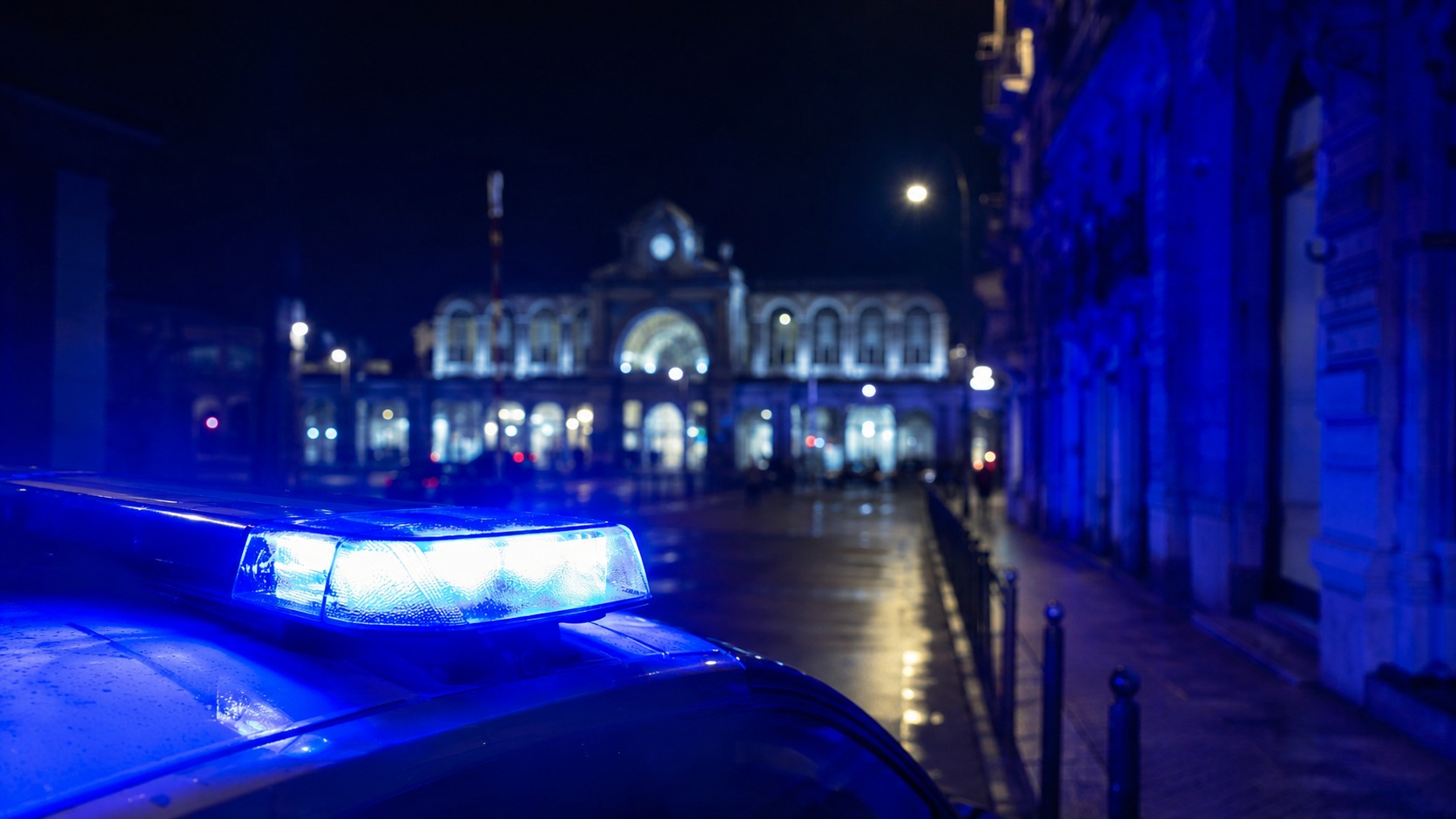 Gyrophare de police la nuit devant la gare de Montpellier