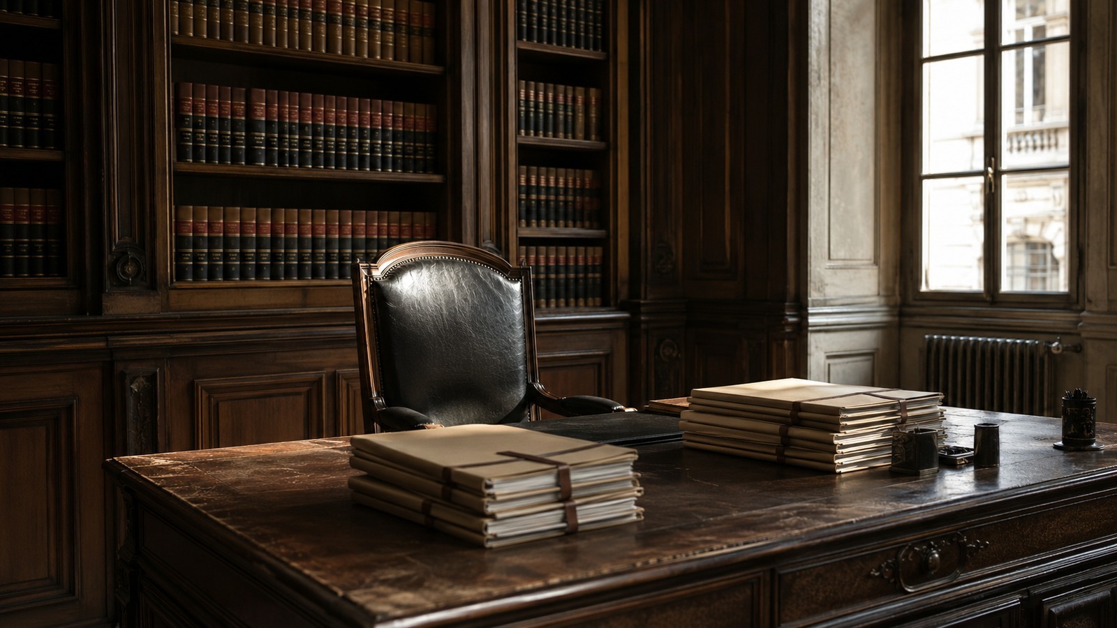 Bureau d'un juge d'instruction avec des dossiers de procédure empilés