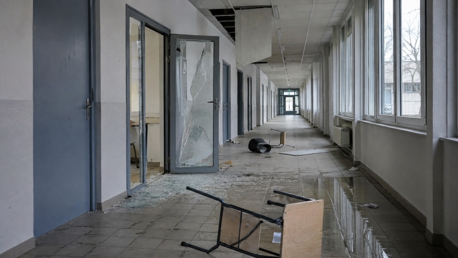 Couloir de collège vandalisé, vitre brisée et faux plafond arraché