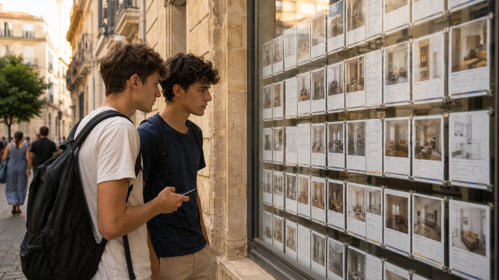 Deux étudiants lisent les annonces de location dans la vitrine d'une agence immobilière à Montpellier
