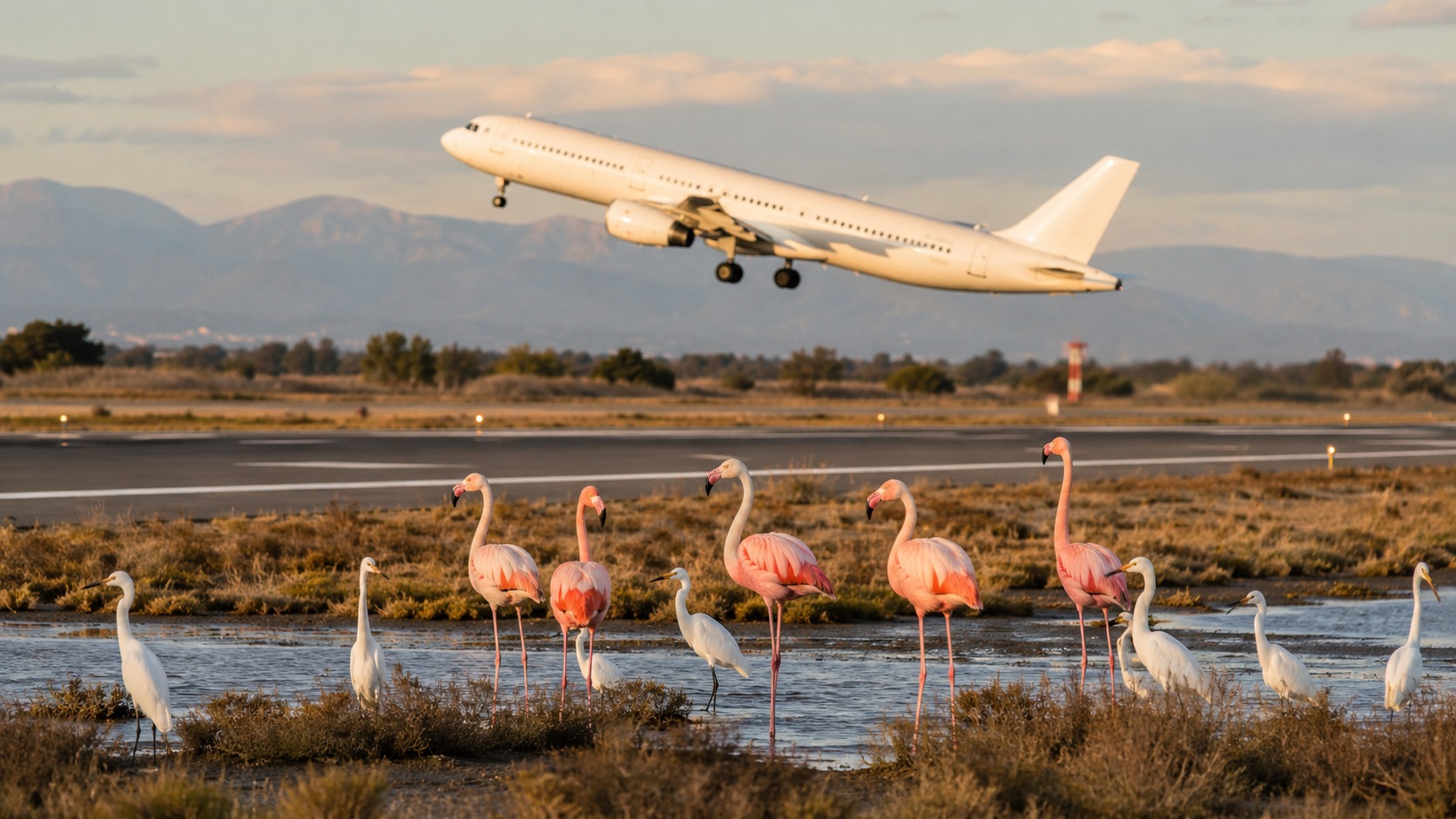 Flamants roses et aigrettes dans une zone humide en bordure de piste, un avion au décollage