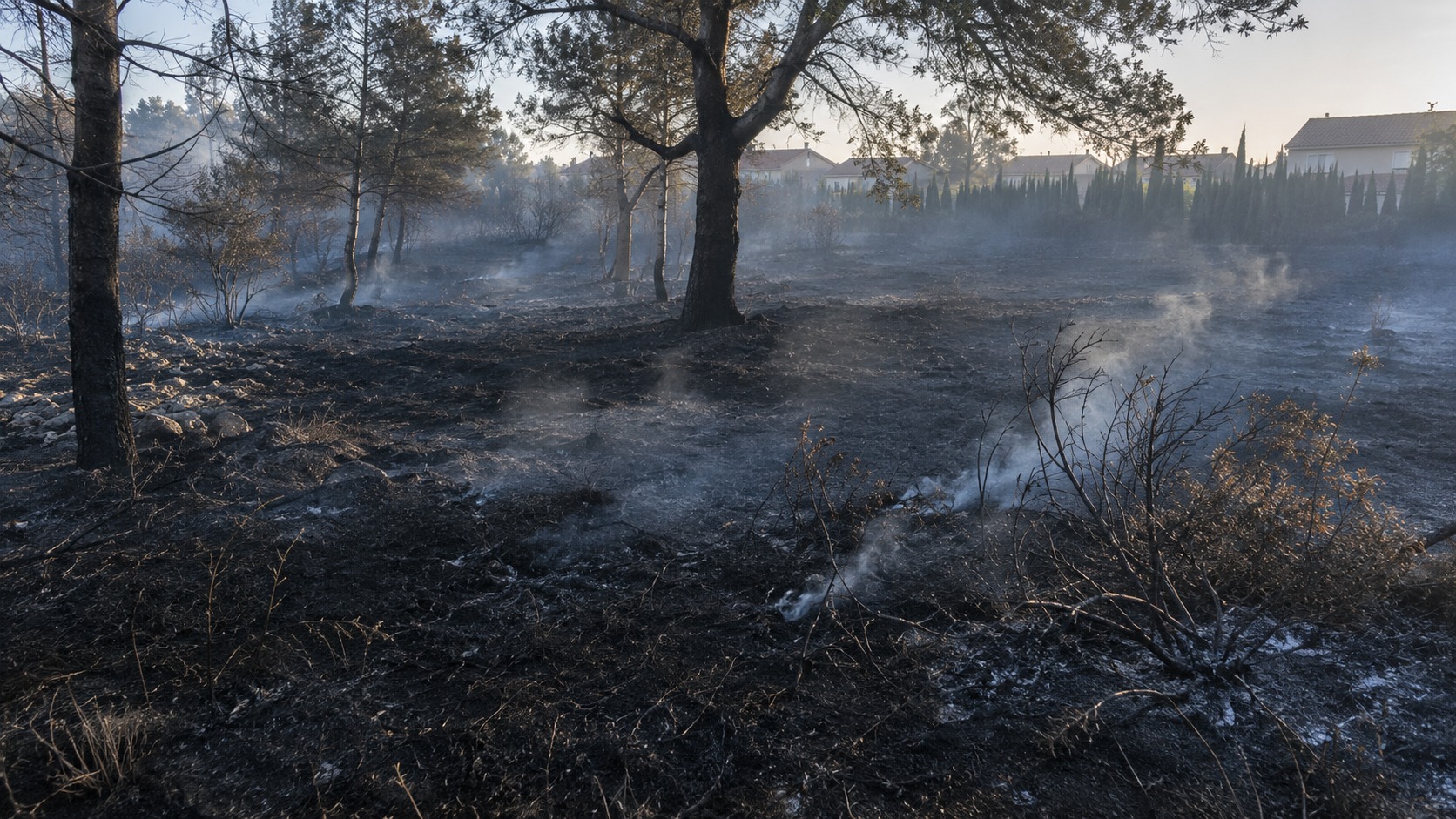 Garrigue calcinée et encore fumante à l'aube en bordure d'un lotissement, au nord de Montpellier