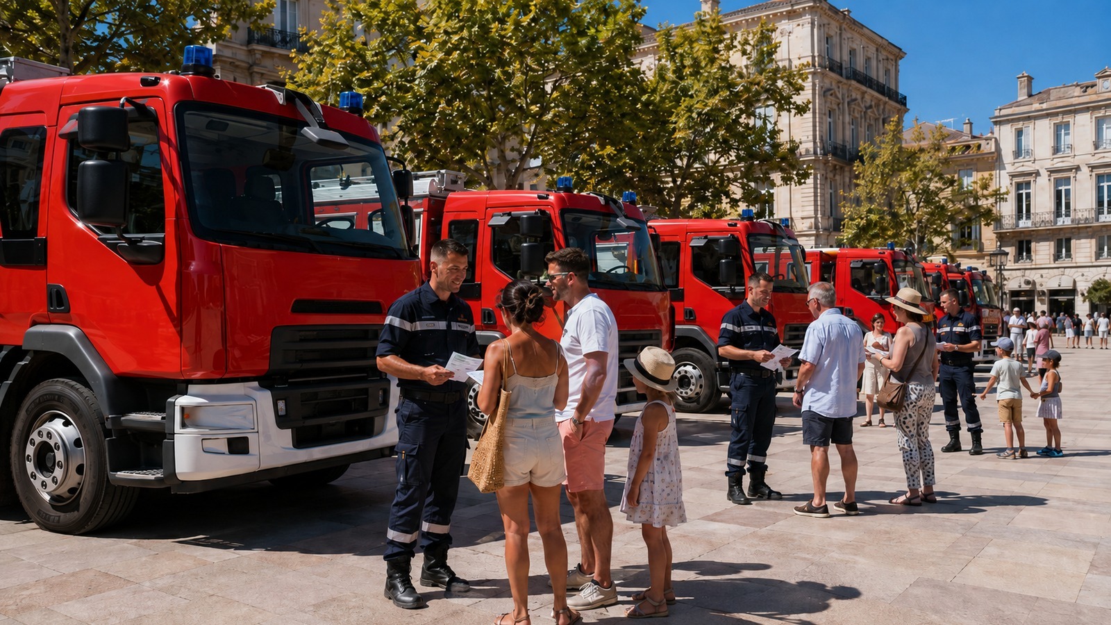 Camions de sapeurs-pompiers alignés sur une place de centre-ville, agents distribuant des tracts aux passants