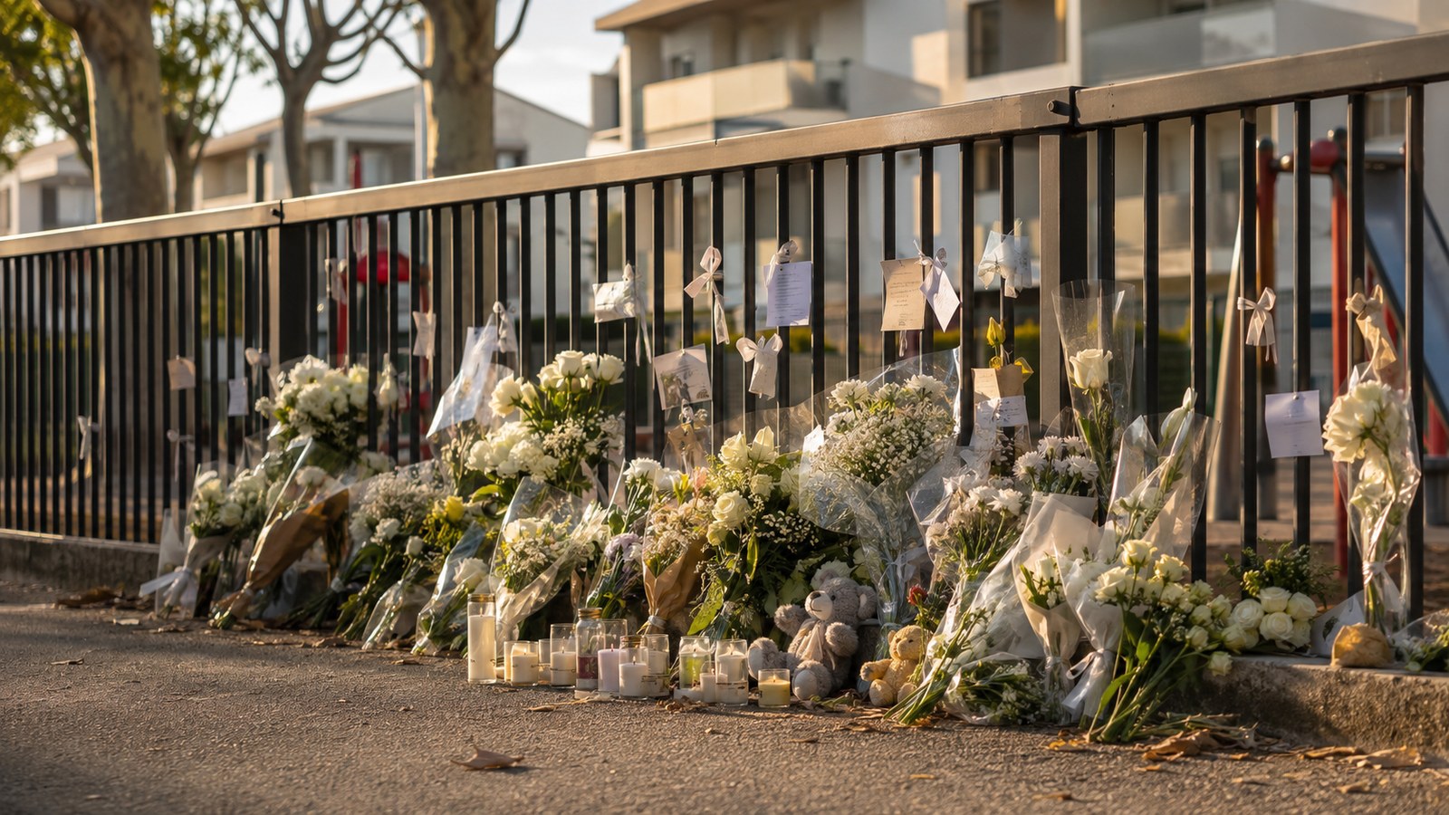 Bouquets de fleurs blanches, bougies et messages déposés le long de la grille d'une aire de jeux