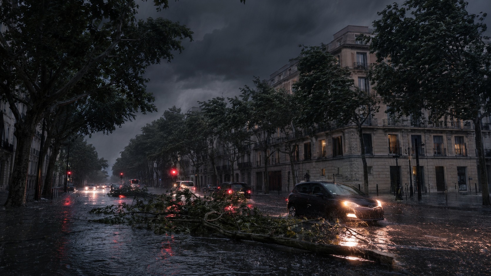 Avenue bordée de platanes inondée à Montpellier avec une branche arrachée en travers de la chaussée pendant l'orage