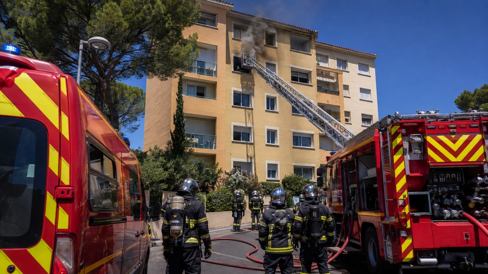 Sapeurs-pompiers et grande échelle déployée vers un appartement en feu dans une résidence de Montpellier