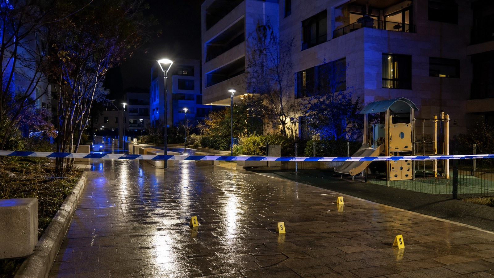 Rubalise de police et marqueurs de police technique de nuit dans une allée piétonne d'un quartier résidentiel montpelliérain