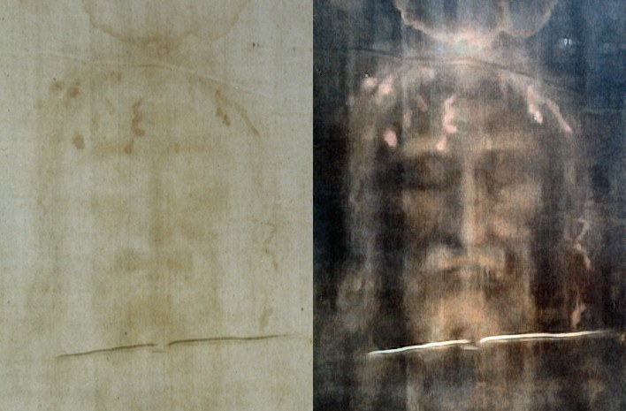 Le visage du Saint-Suaire de Turin en image directe et en négatif
