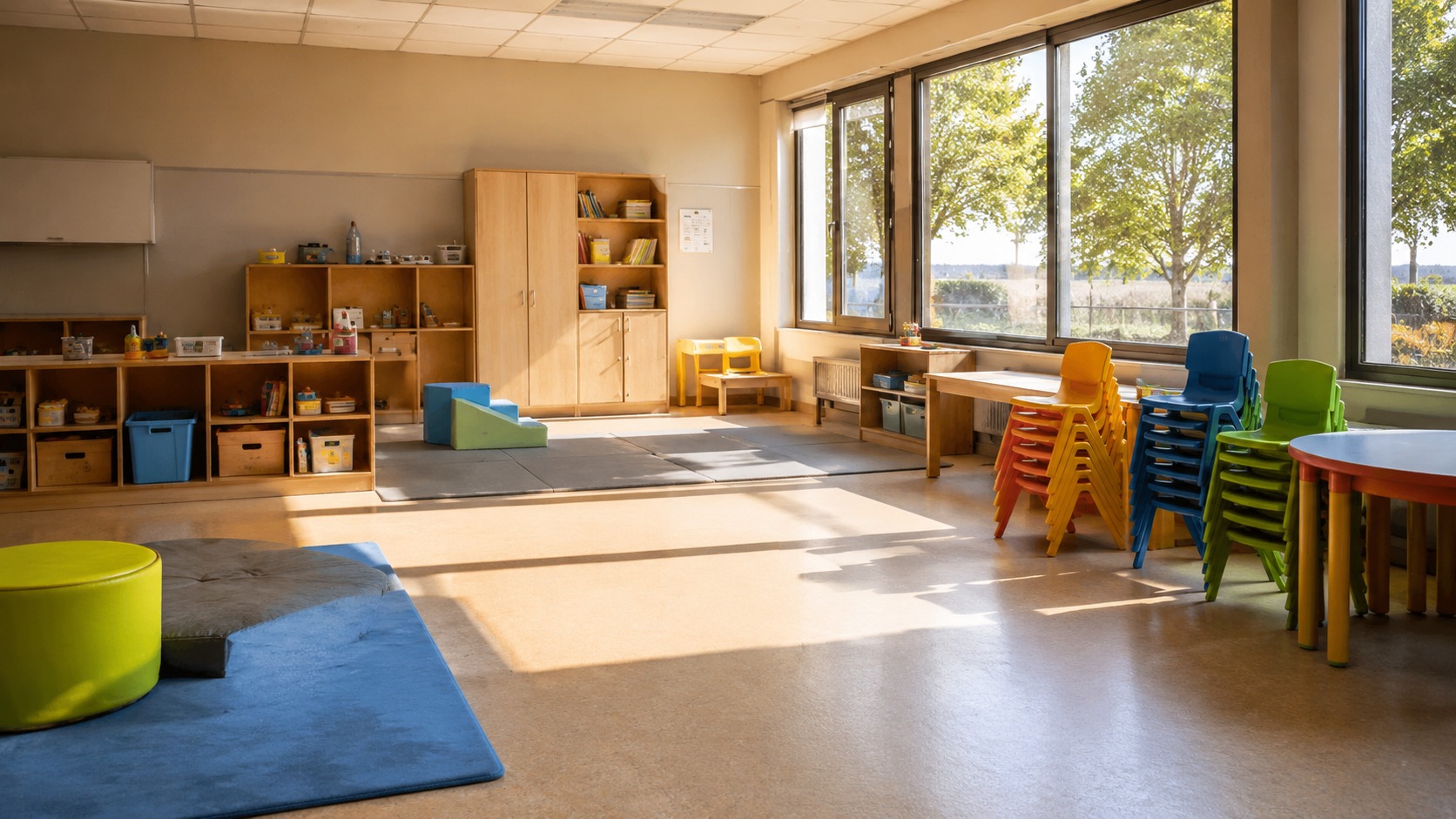 Salle d'activites deserte d'un centre de loisirs municipal