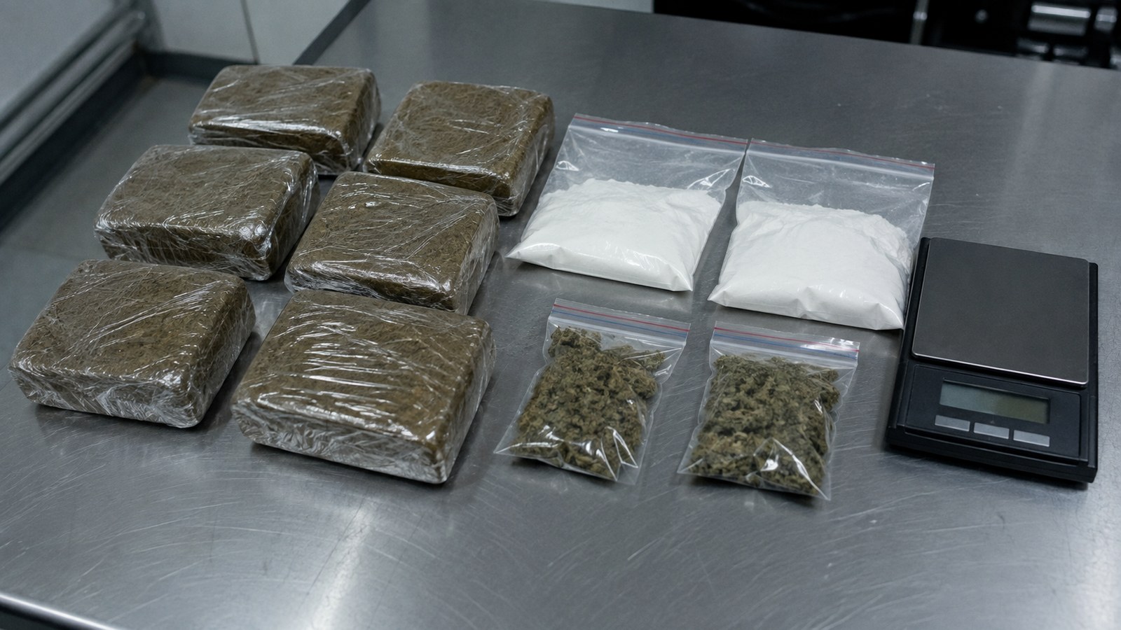 Stupéfiants saisis par la police à Montpellier, plaquettes de résine de cannabis, sachets de cocaïne et balance de précision