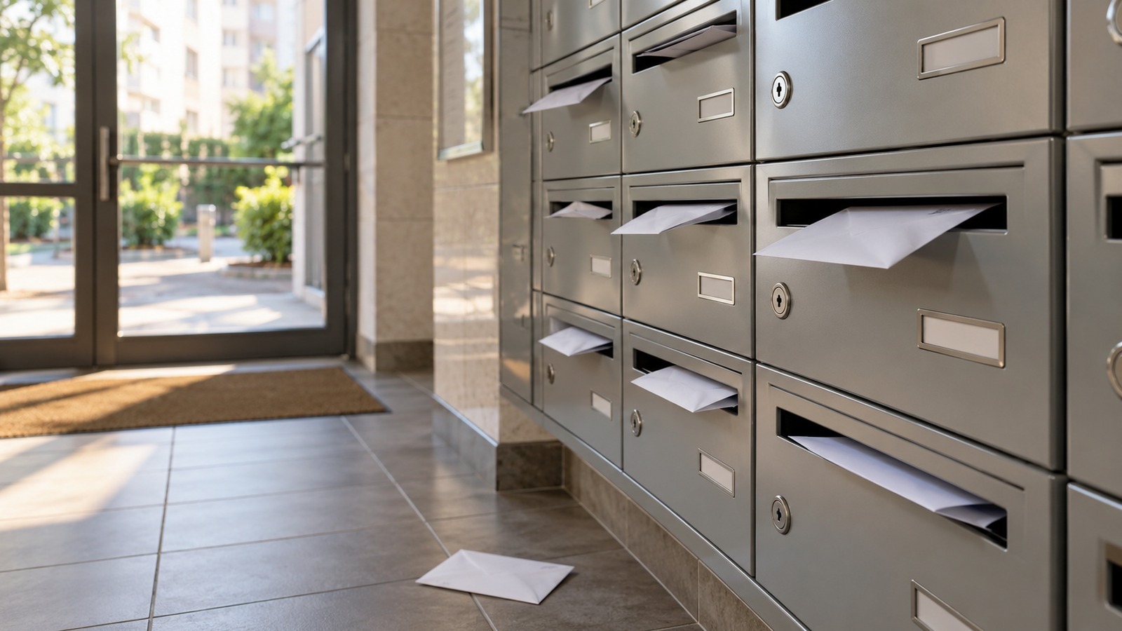 Boîtes aux lettres d'un immeuble avec du courrier non relevé dans un hall d'entrée