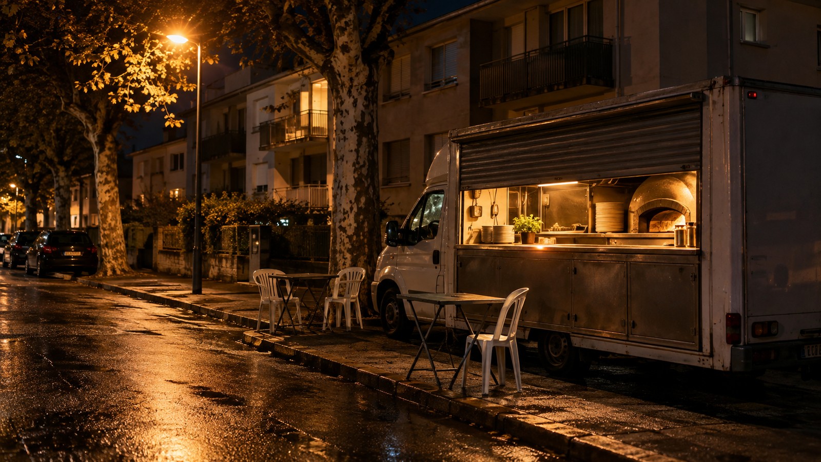 Camion à pizza ambulant garé la nuit dans une rue résidentielle