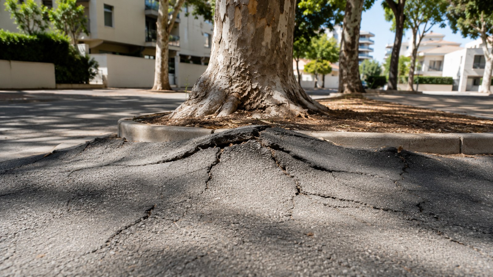 Chaussée d'asphalte soulevée et fissurée par les racines d'un arbre planté sur un terre-plein central