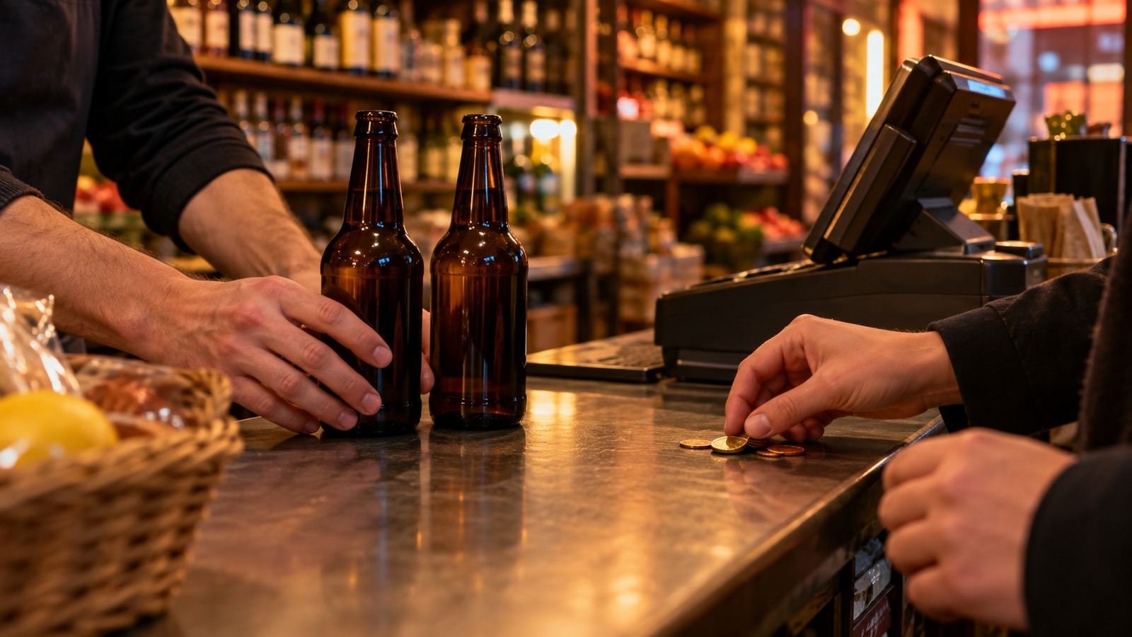 Deux bouteilles de bière sans étiquette poussées sur le comptoir d'une épicerie, des pièces de monnaie posées à côté de la caisse
