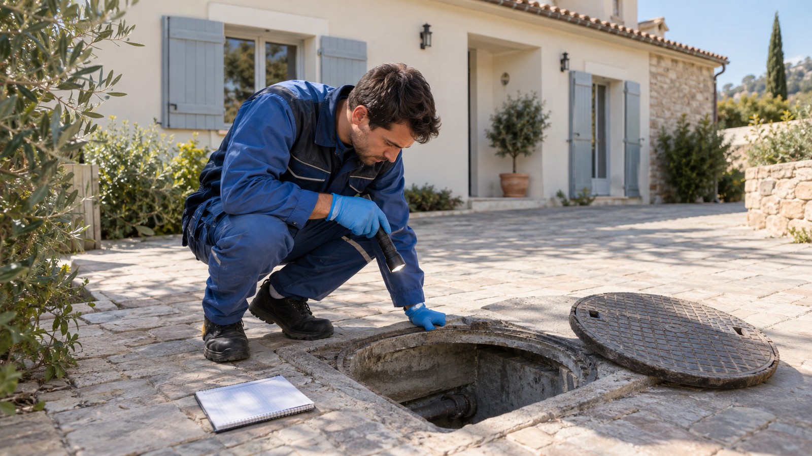 Technicien contrôlant un regard d'assainissement devant une maison individuelle