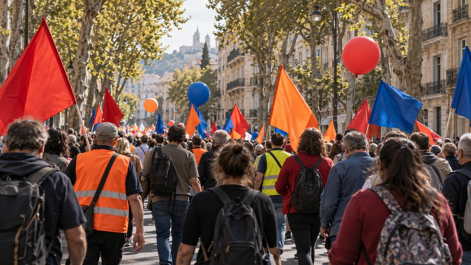 Cortège syndical avec drapeaux et chasubles dans une rue bordée de platanes, illustration