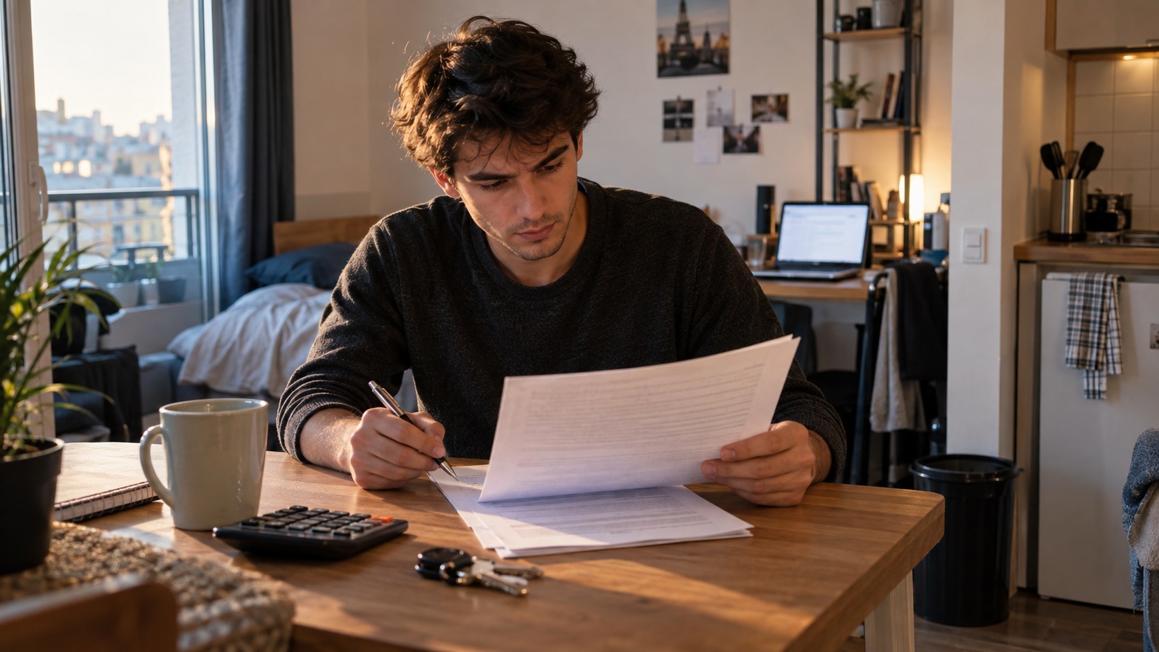 Jeune locataire relisant son contrat de bail dans un studio, image d'illustration