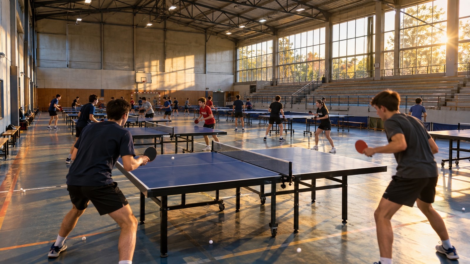 Tables de ping-pong alignées dans un gymnase municipal pendant un entraînement