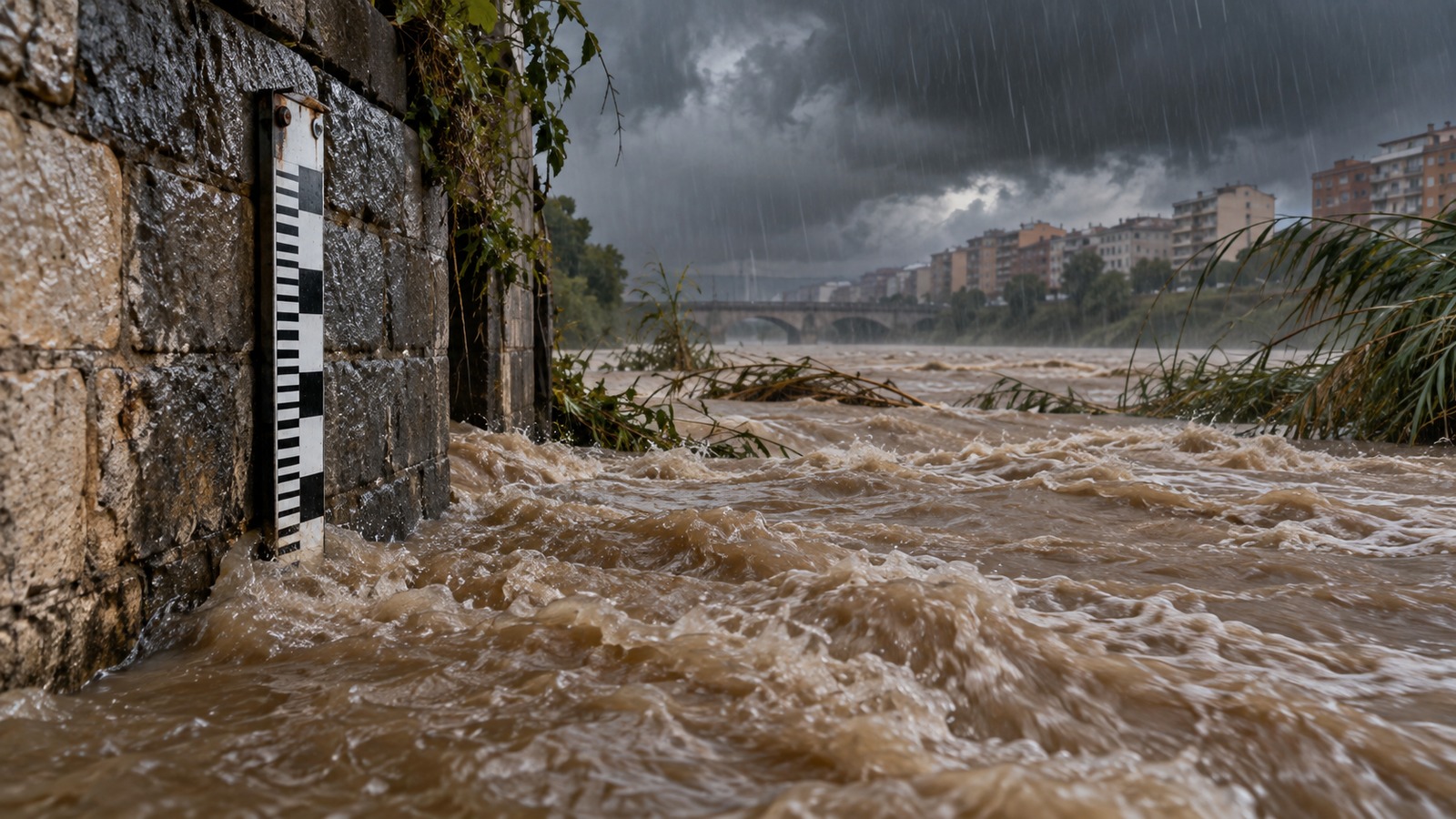 Échelle de crue graduée à demi immergée par une rivière en crue sous la pluie battante (illustration)