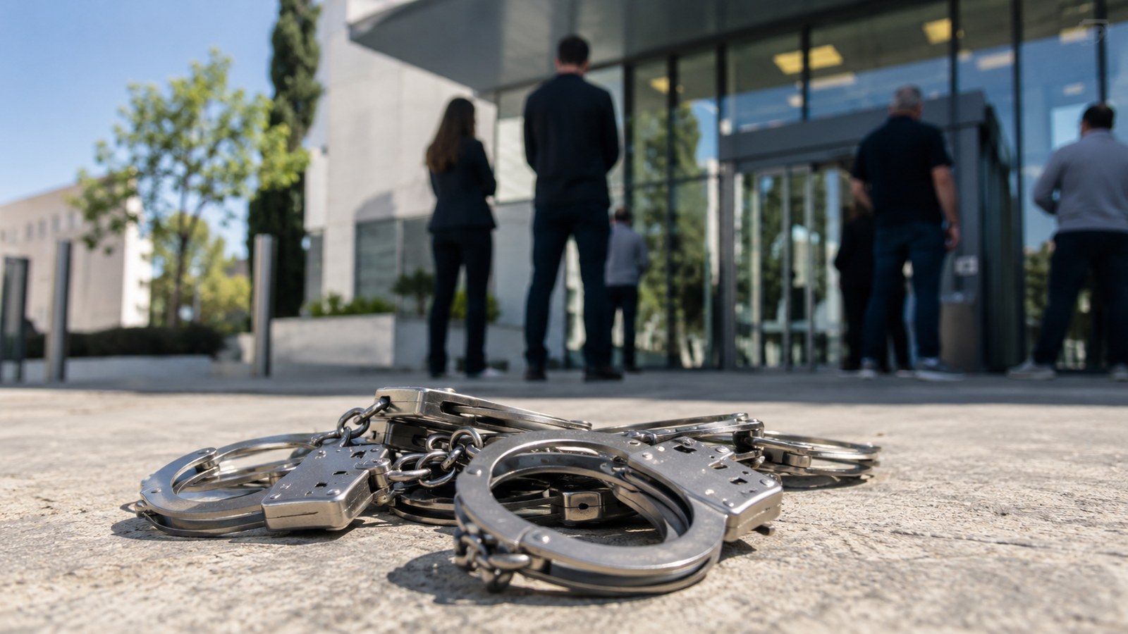 Menottes déposées au sol devant l'entrée d'un commissariat