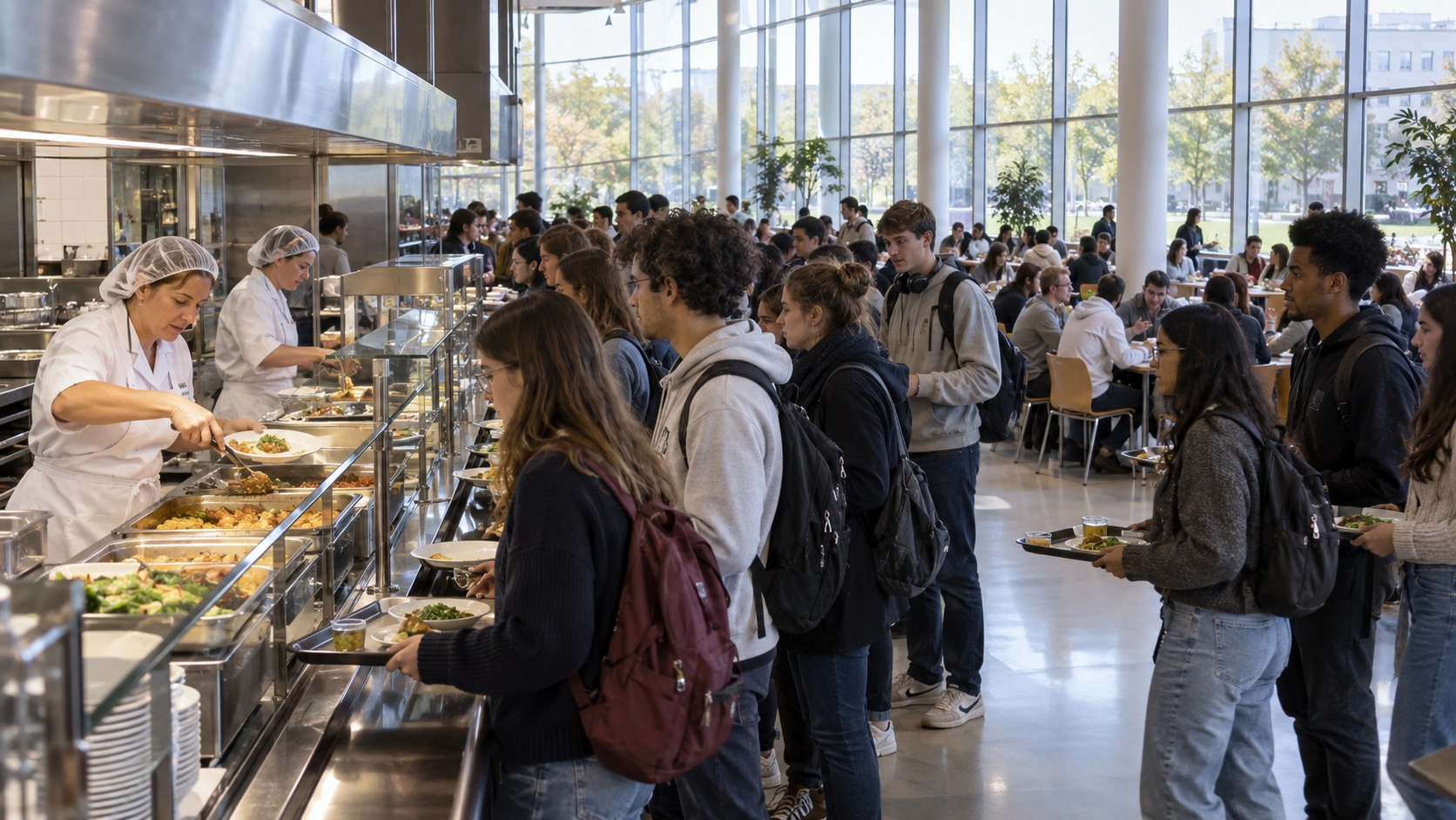 File d'étudiants devant la ligne de self-service d'un restaurant universitaire