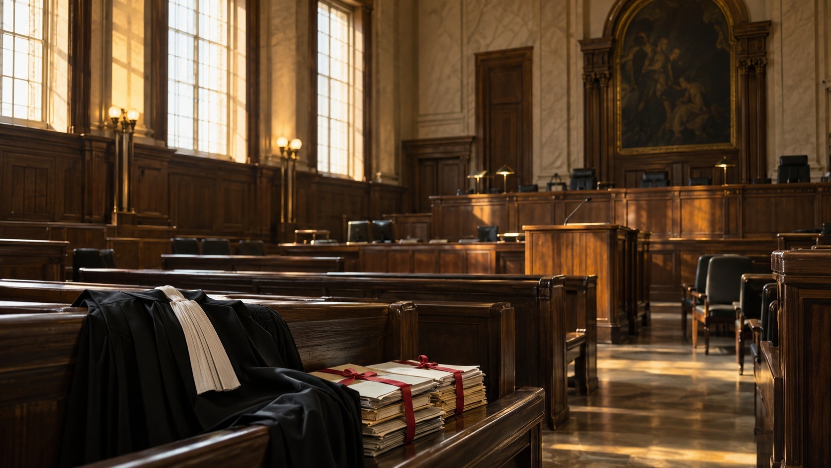 Robe noire d'avocat et dossiers ficelés posés sur un banc dans une salle de cour d'assises vide