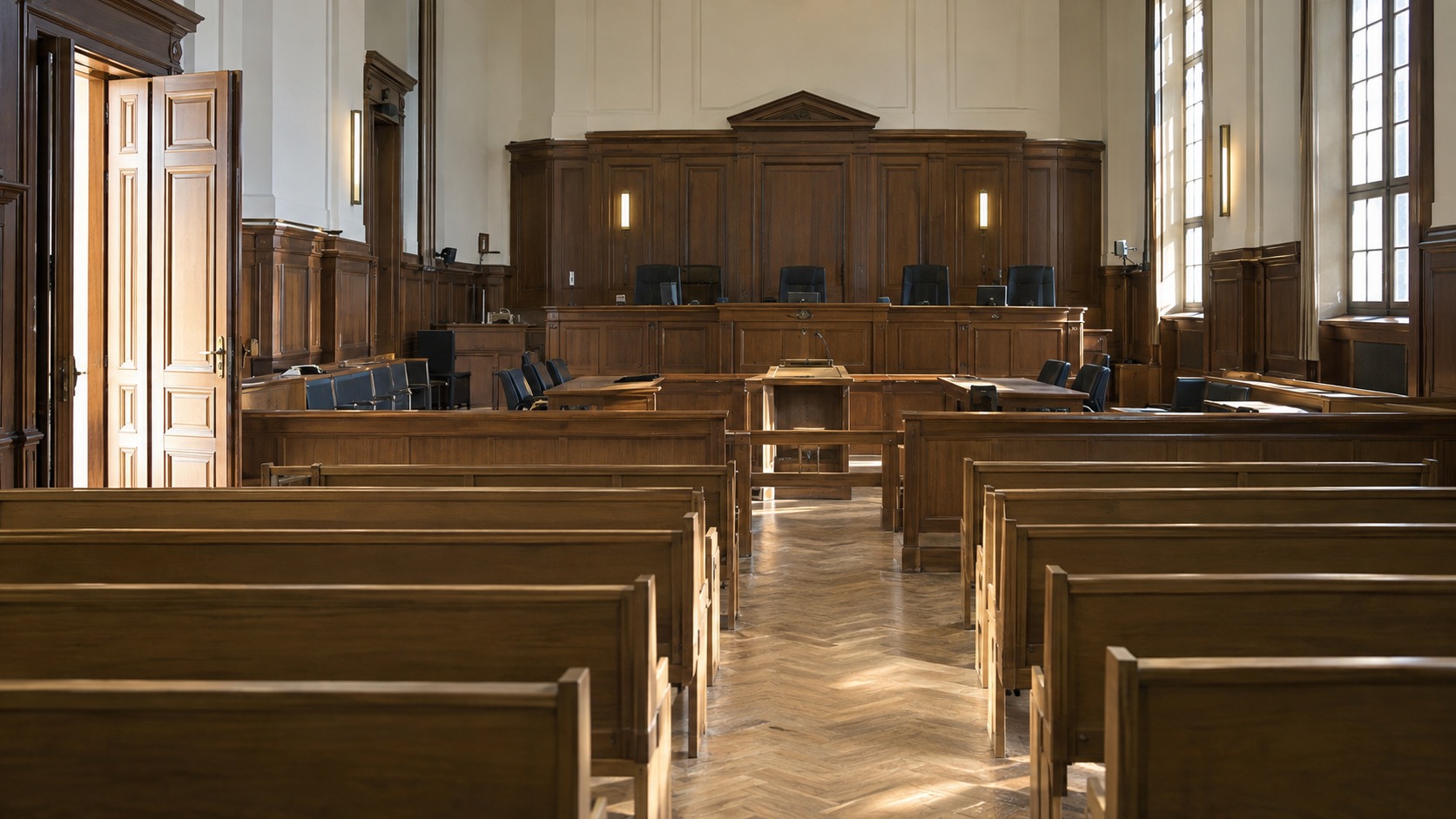 Salle d'audience d'une cour d'assises, portes ouvertes sur les bancs du public