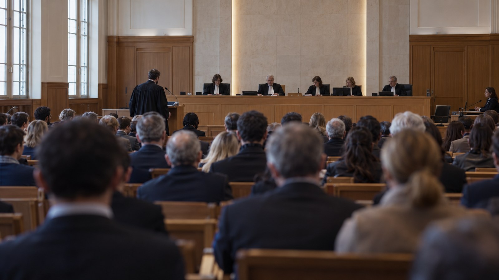 Illustration : salle d'audience d'un tribunal administratif français, public de dos et magistrats en robe