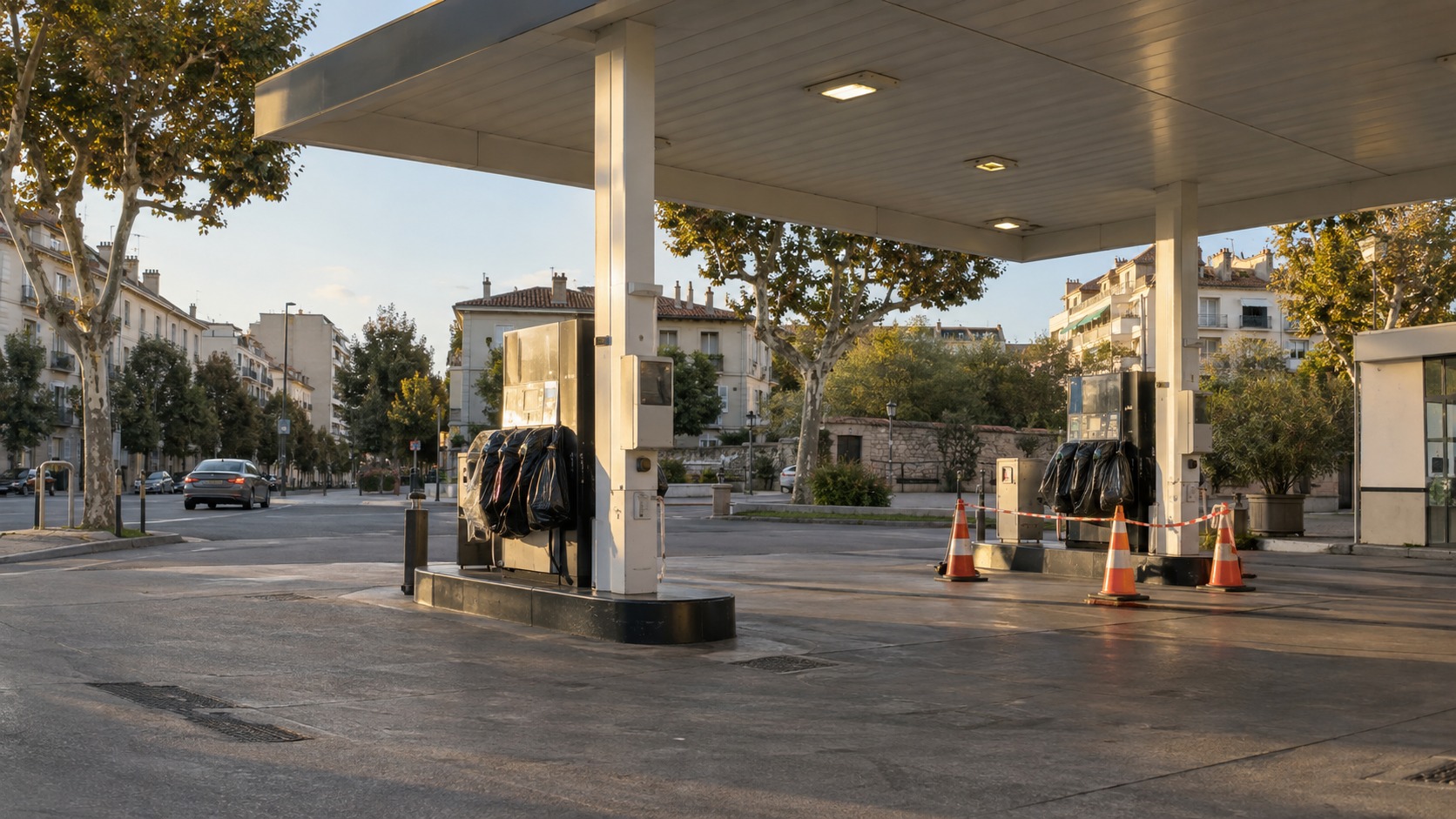 Station-service urbaine aux pompes condamnées et à l'accès barré par des cônes