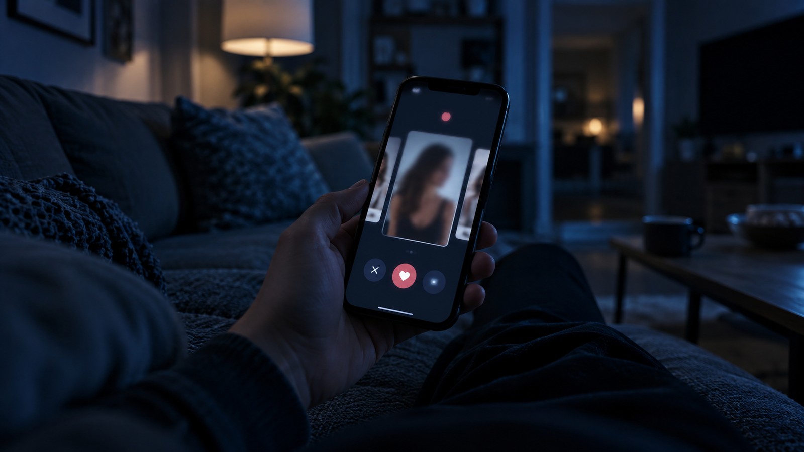 Smartphone affichant une application de rencontre dans un salon en soirée