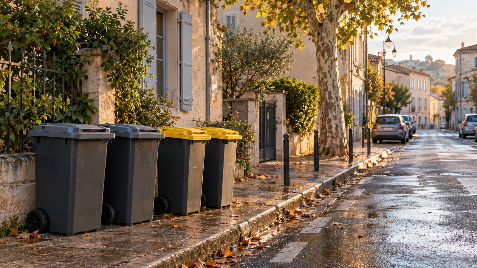 Bacs à couvercle gris et jaune présentés au bord d'un trottoir dans une rue résidentielle