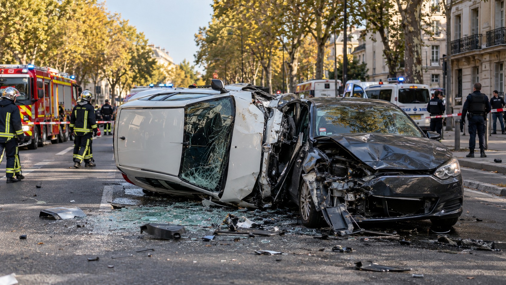 Voiture blanche couchée sur le flanc contre un véhicule accidenté sur une avenue urbaine, pompiers et policiers en arrière-plan