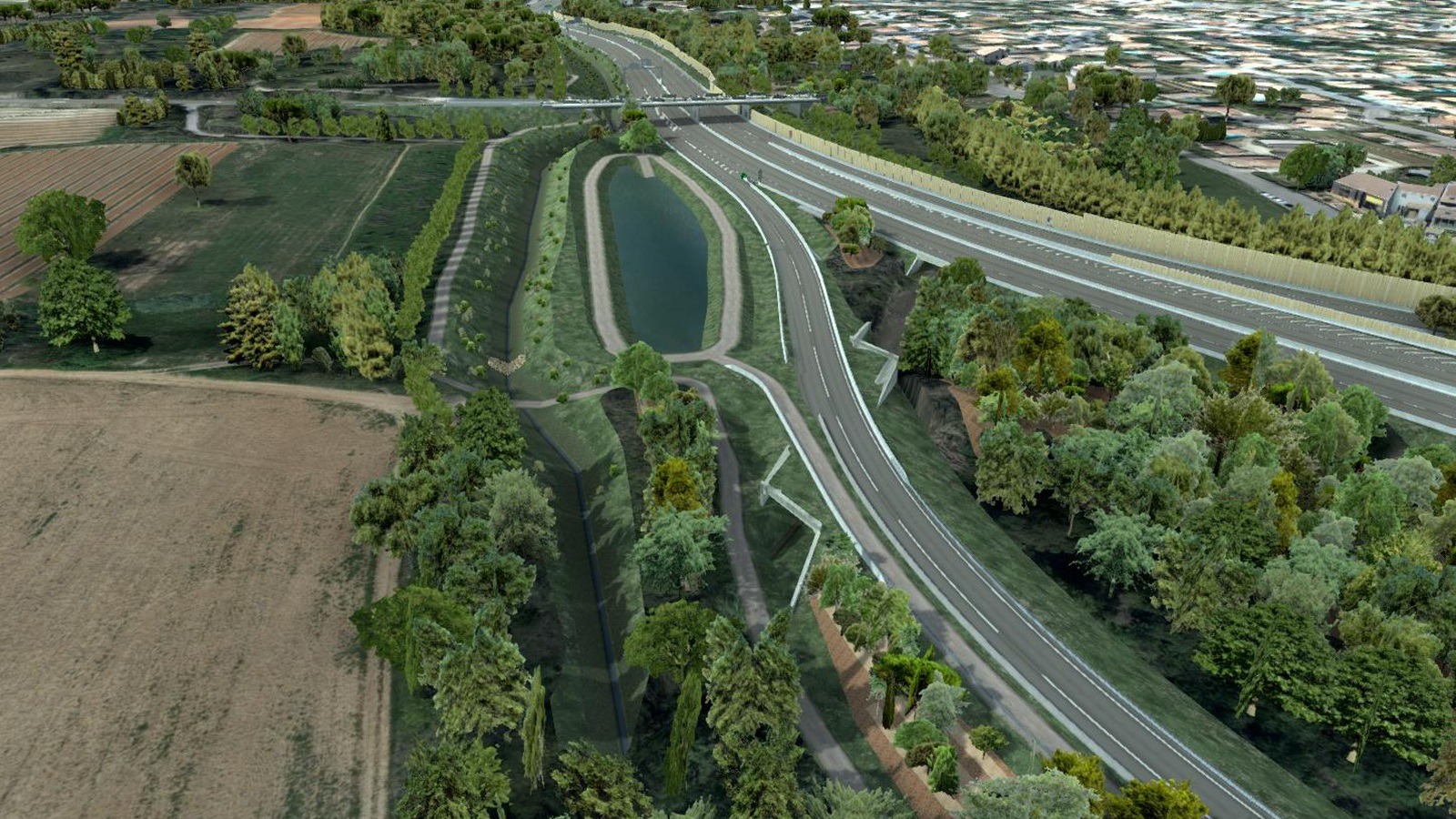 Vue 3D du chenal de délestage prévu le long de la RN 109 pour le contournement ouest de Montpellier