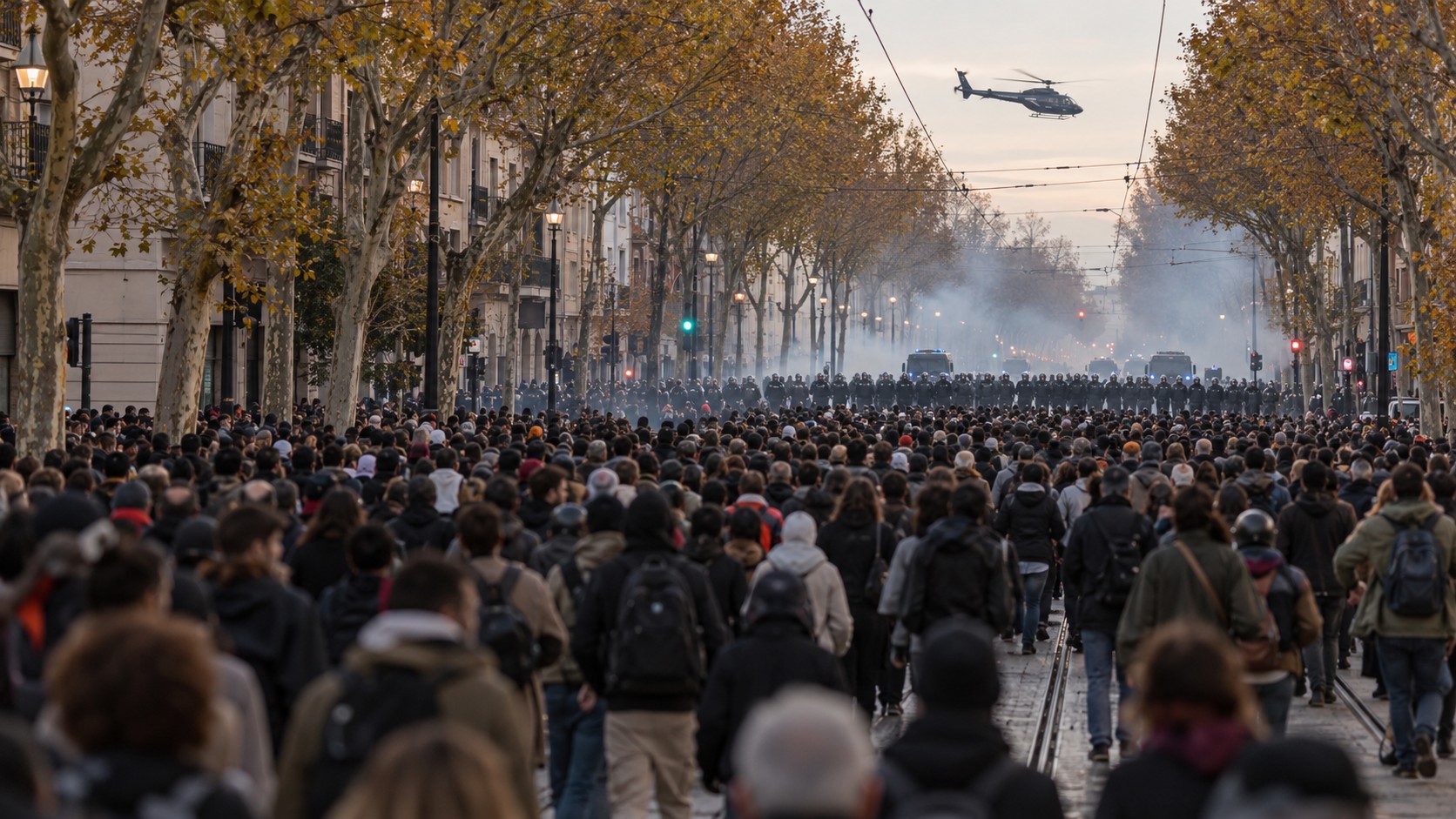Cortège de manifestants face à un cordon de CRS sur une avenue de Montpellier