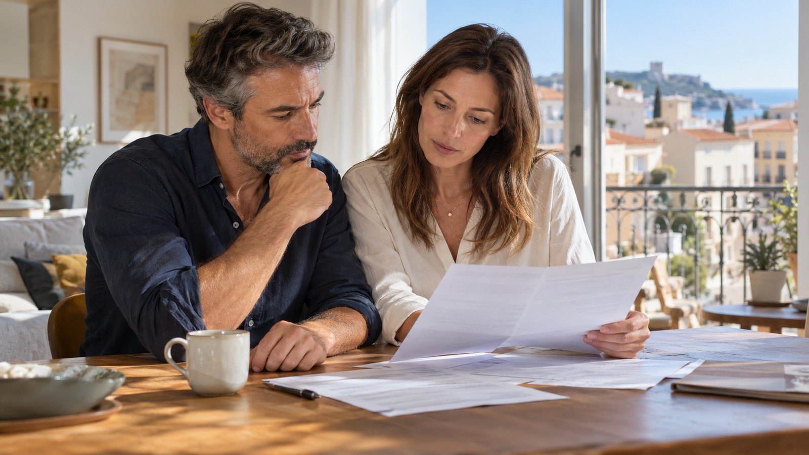 Un couple examine des documents d'assurance habitation dans le séjour d'un appartement