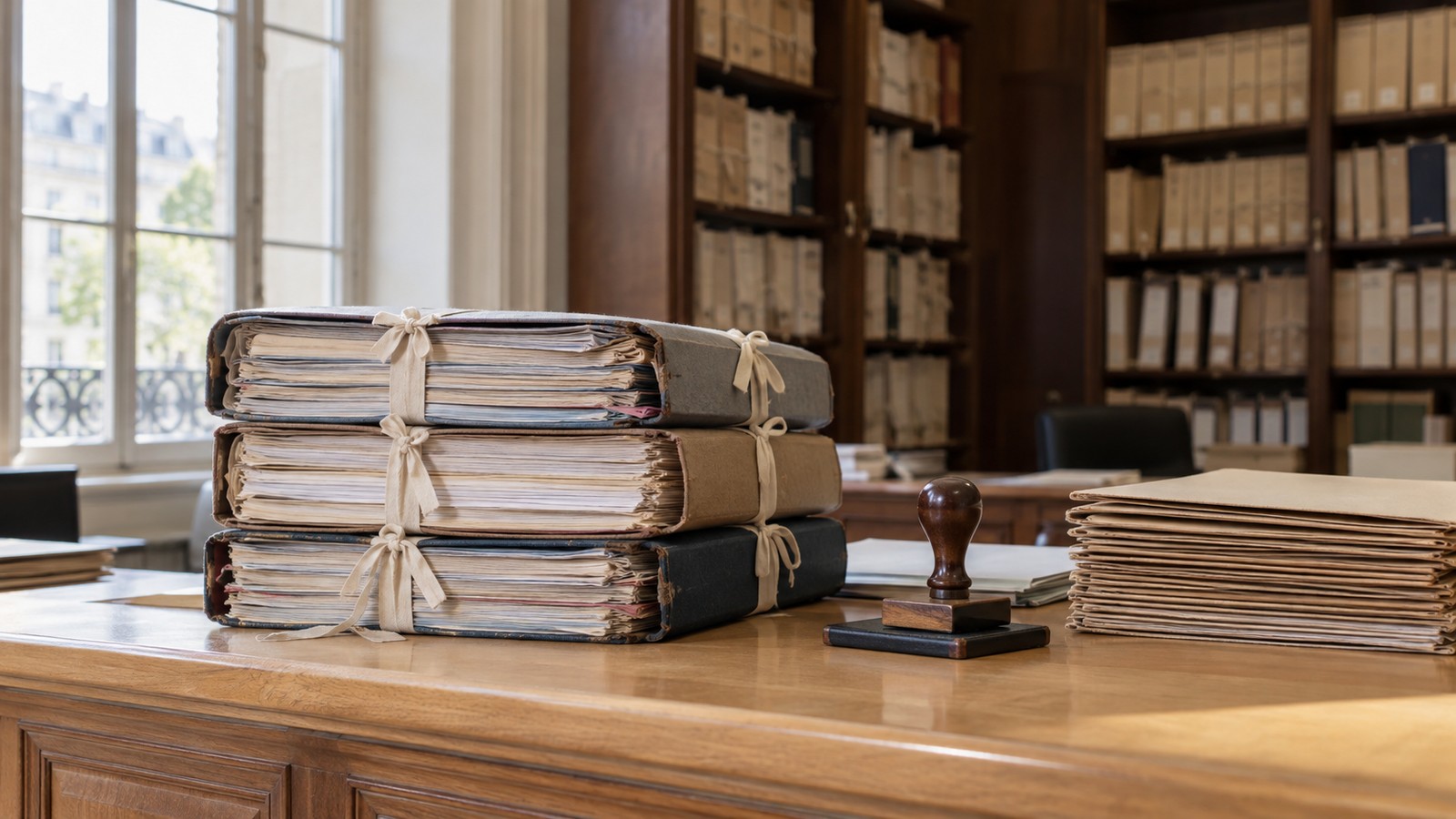 Dossiers de procédure sanglés et tampon officiel sur le comptoir du greffe d'un tribunal administratif