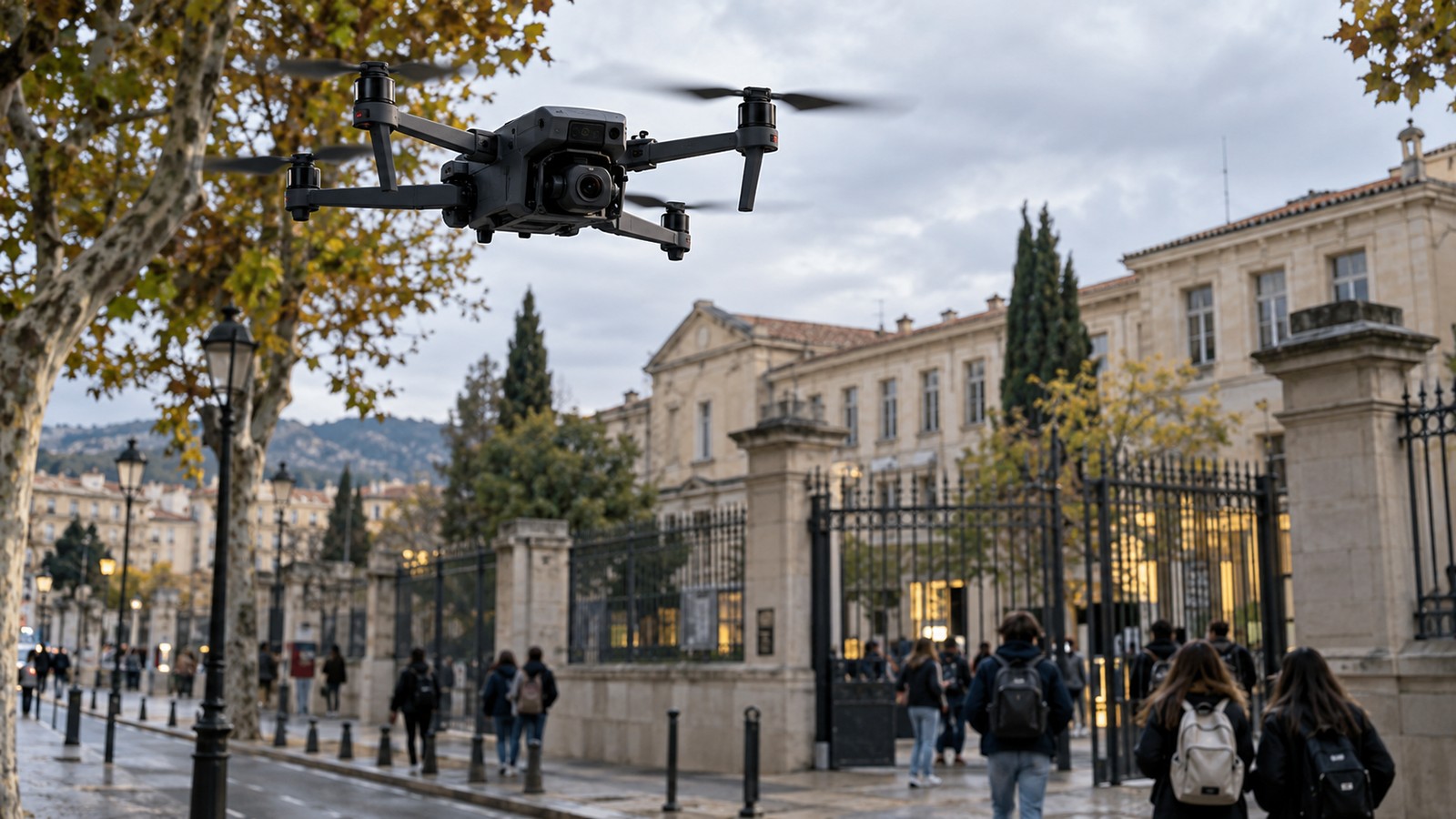 Drone de surveillance en vol au-dessus de l'entree d'un lycee a Montpellier
